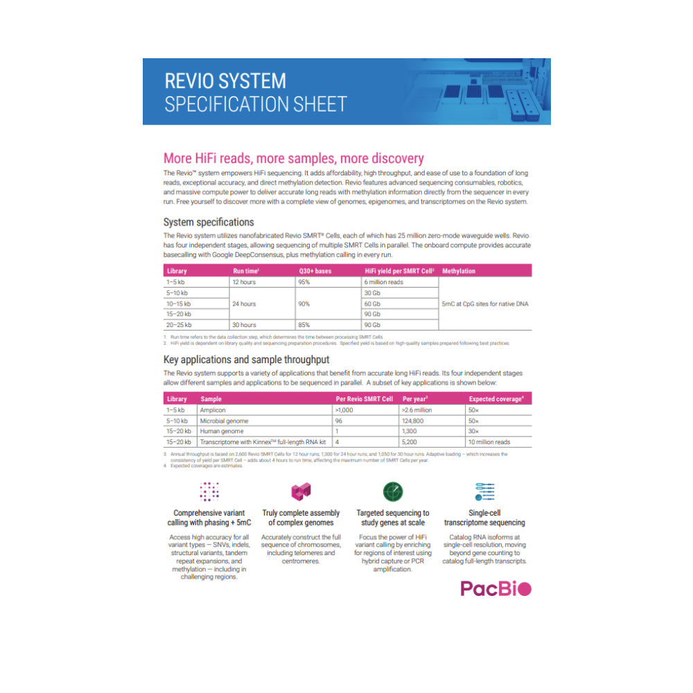 EU - Revio System Specification Sheet - More HiFi reads, more samples, more discovery (102-326-552 V4)